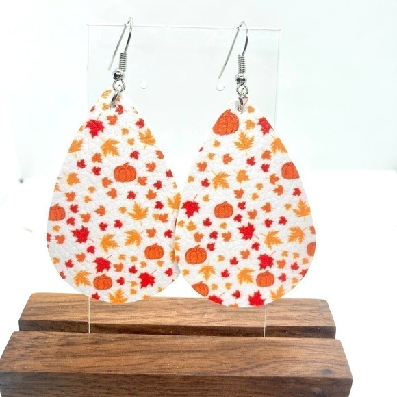 Faux Leather Teardrop Leaf and Pumpkin Print Earrings - Picture 1 of 4